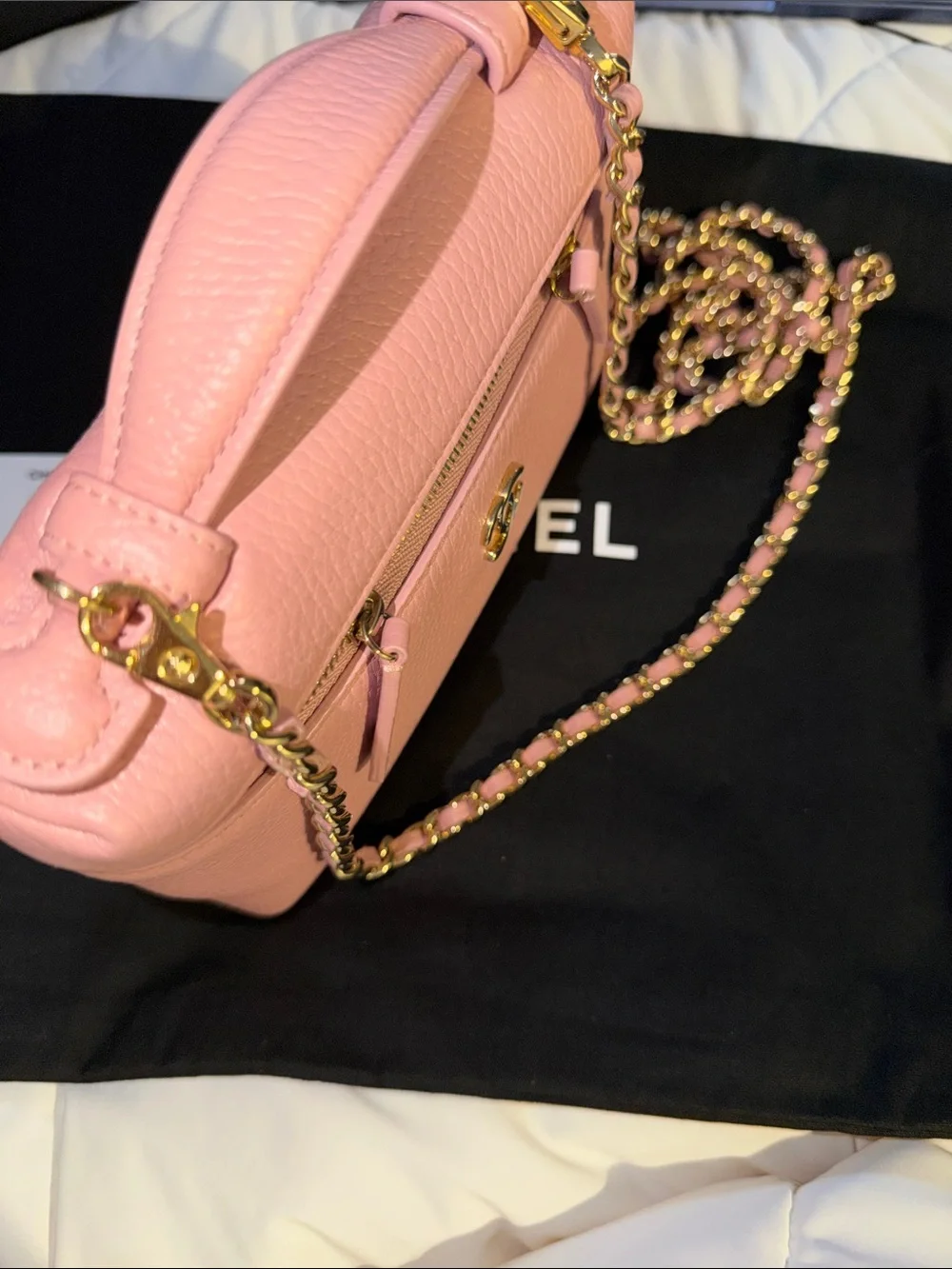 100% CHANEL Pink Pebbled Leather vanity Mini Bag with Gold Hardware with